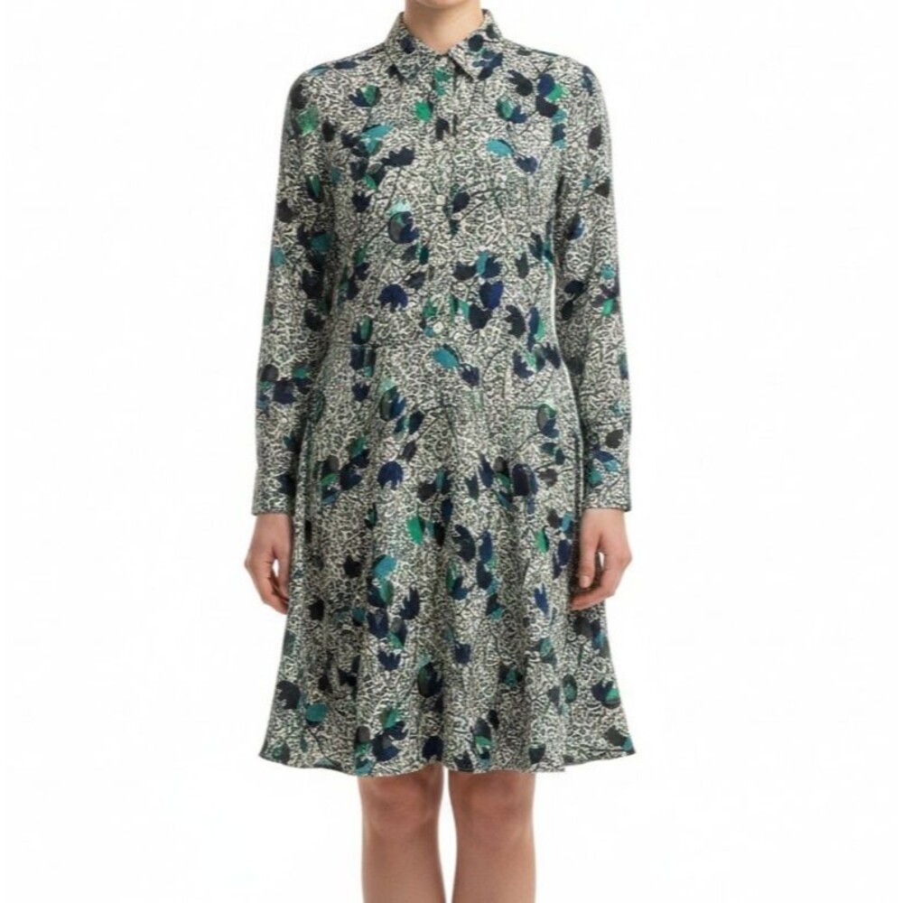 Banana Republic Blouson Long Sleeve Print Dress Women Small Fit Flare Cool Combo